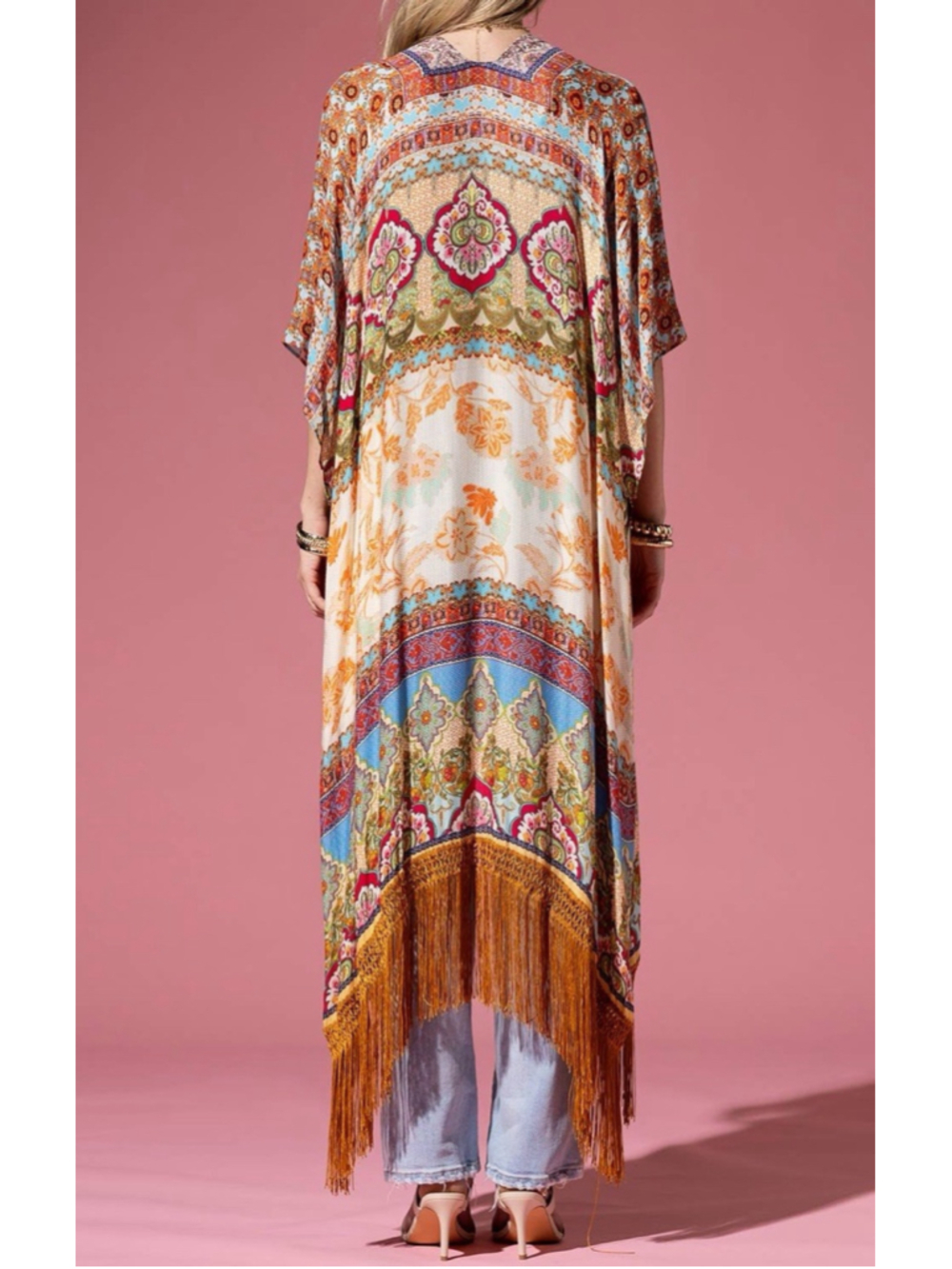 Rugglne Kimono Cairo Print Fringe Boho Open Cardigan OS